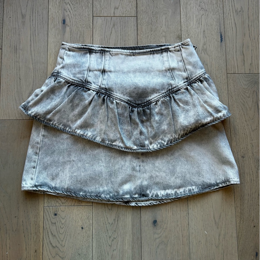 All Saints Washed Gray Ruffle Denim Skirt